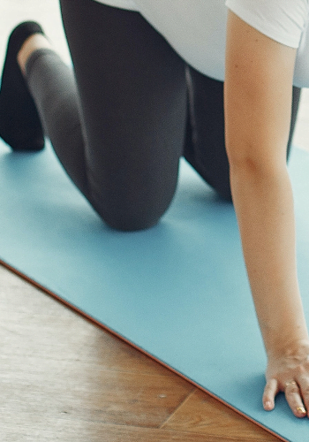 Auschnitt von Teilnehmerin im Kniestütz im Gruppenkurs Vital Fitness im Fitorama in Basel.
